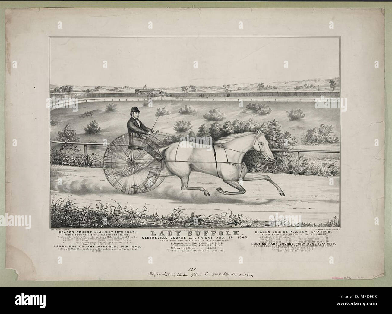 Un'illustrazione della corsa di Lady Suffolk al Centreville Course a Long Island il 3 agosto 1849, che cattura un momento chiave nella storia delle corse ippiche del XIX secolo. Foto Stock