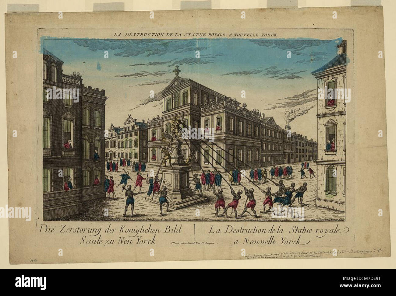 Un'immagine storica della distruzione della statua reale di New York, un evento notevole che riflette la reazione del pubblico al dominio britannico. L'evento faceva parte del più ampio contesto di sentimento anti-monarchico durante il periodo rivoluzionario. Foto Stock
