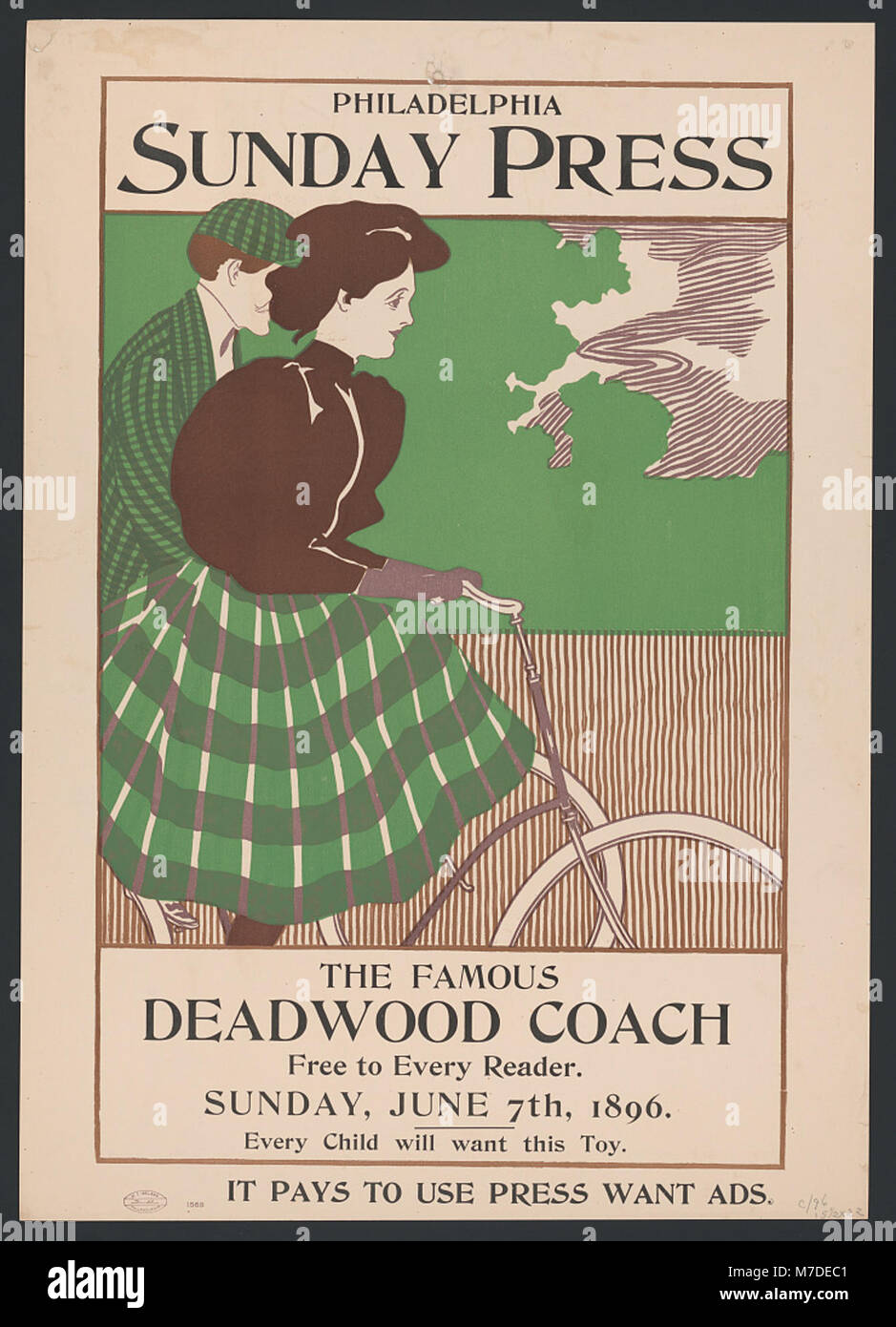 Una pubblicità per il "Deadwood Coach", che era un mezzo di trasporto popolare nel Vecchio West americano. Questa immagine promozionale risale al 7 giugno 1896 e sottolinea la disponibilità del coach per i lettori. Foto Stock