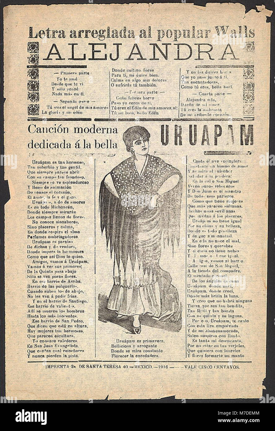 Un pezzo di spartiti intitolato "Letra arreglada al Popular vals Alejandra", un valzer popolare nella tradizione musicale dell'America Latina. Foto Stock