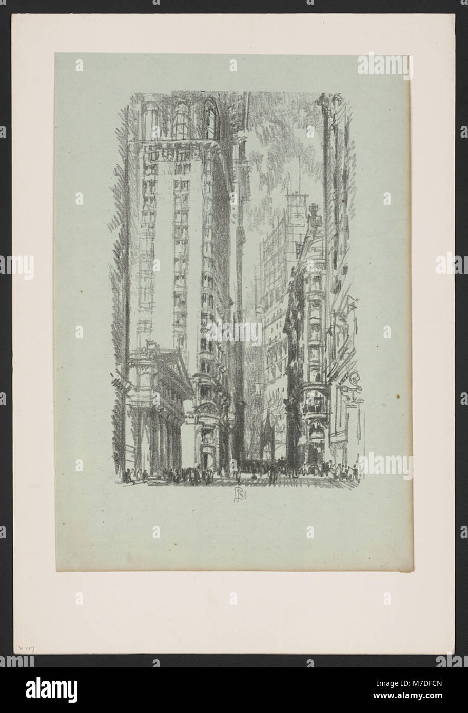 Questa litografia di Joseph Pennell del 1904 raffigura Pine Street a New York City, catturando il paesaggio urbano e l'architettura di Manhattan all'inizio del XX secolo. Foto Stock