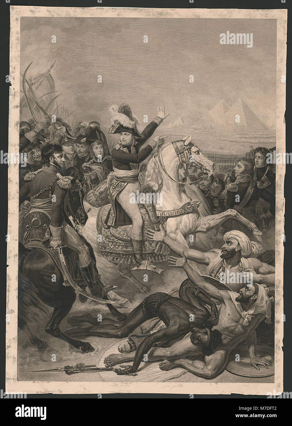 Una rappresentazione storica di Napoleone Bonaparte nella Battaglia delle Piramidi il 21 luglio 1798, dipinta da Gros e incisa da Vallot. L'immagine illustra la leadership militare di Napoleone durante questa battaglia fondamentale. Foto Stock