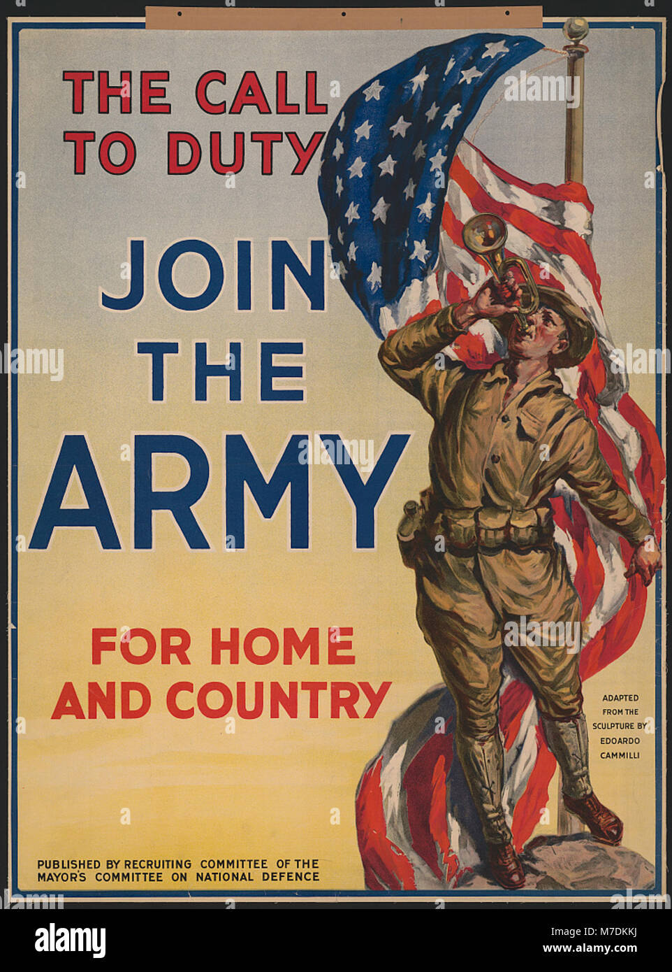 Un manifesto di reclutamento che esorta gli individui ad unirsi all'esercito per la difesa della patria e del paese, riflettendo il patriottismo in tempo di guerra e il dovere nazionale. Foto Stock