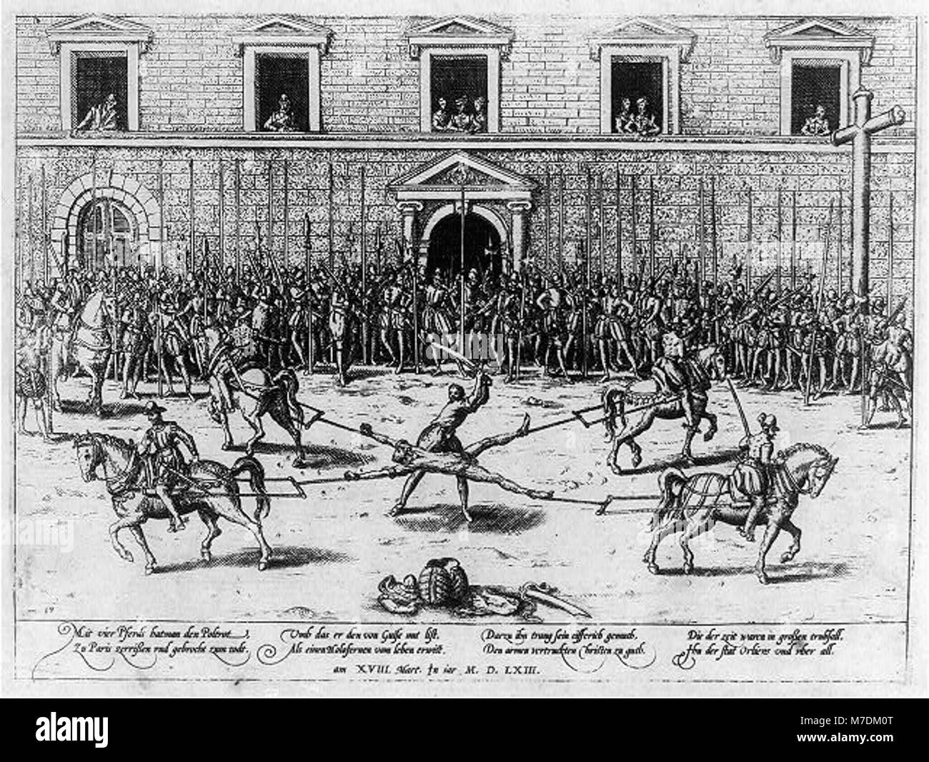 Questa immagine storica raffigura una squadra di quattro cavalli che tira un Poltrot, un veicolo tradizionale. L'immagine riflette tecniche e pratiche di trasporto del XVIII o XIX secolo. Foto Stock