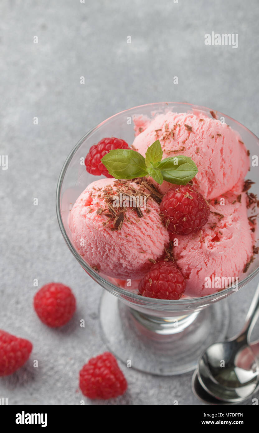In casa gelato al lampone con cioccolato e menta. Un rinfrescante dolce per i buongustai. Messa a fuoco selettiva Foto Stock