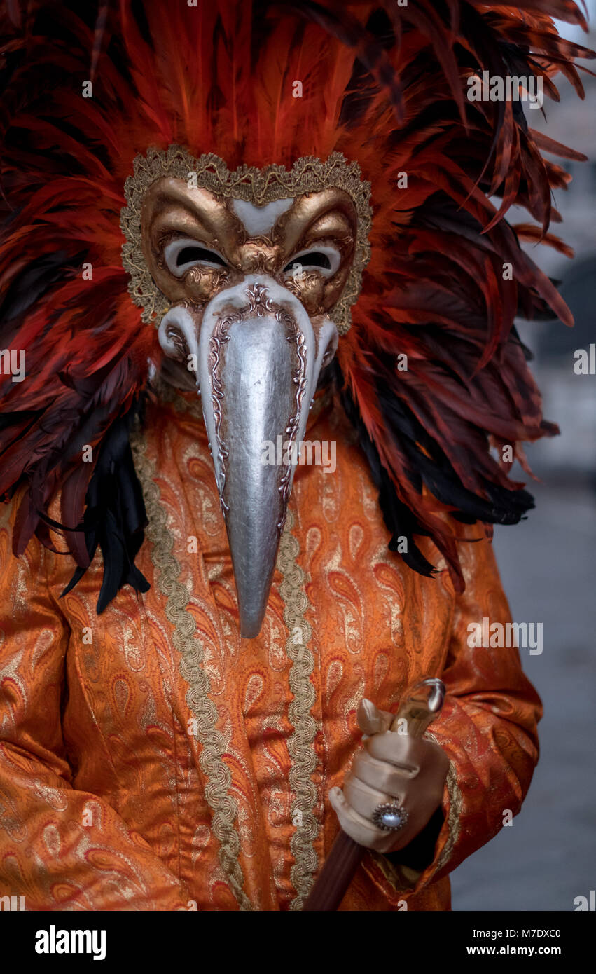 Carnevale-goer indossando feathered maschera e costume ornati fotografato durante il Carnevale di Venezia / Carnivale di Venezia. Foto Stock