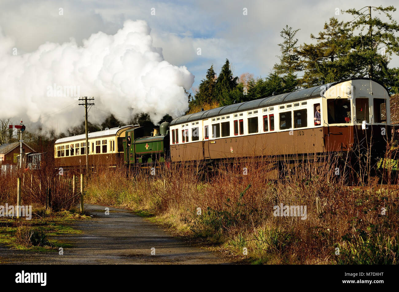 GWR serbatoio a corsoio n. 6412 con partenza da Staverton sulla South Devon Railway e autotreno diretto a Totnes., 17th febbraio 2018. Foto Stock