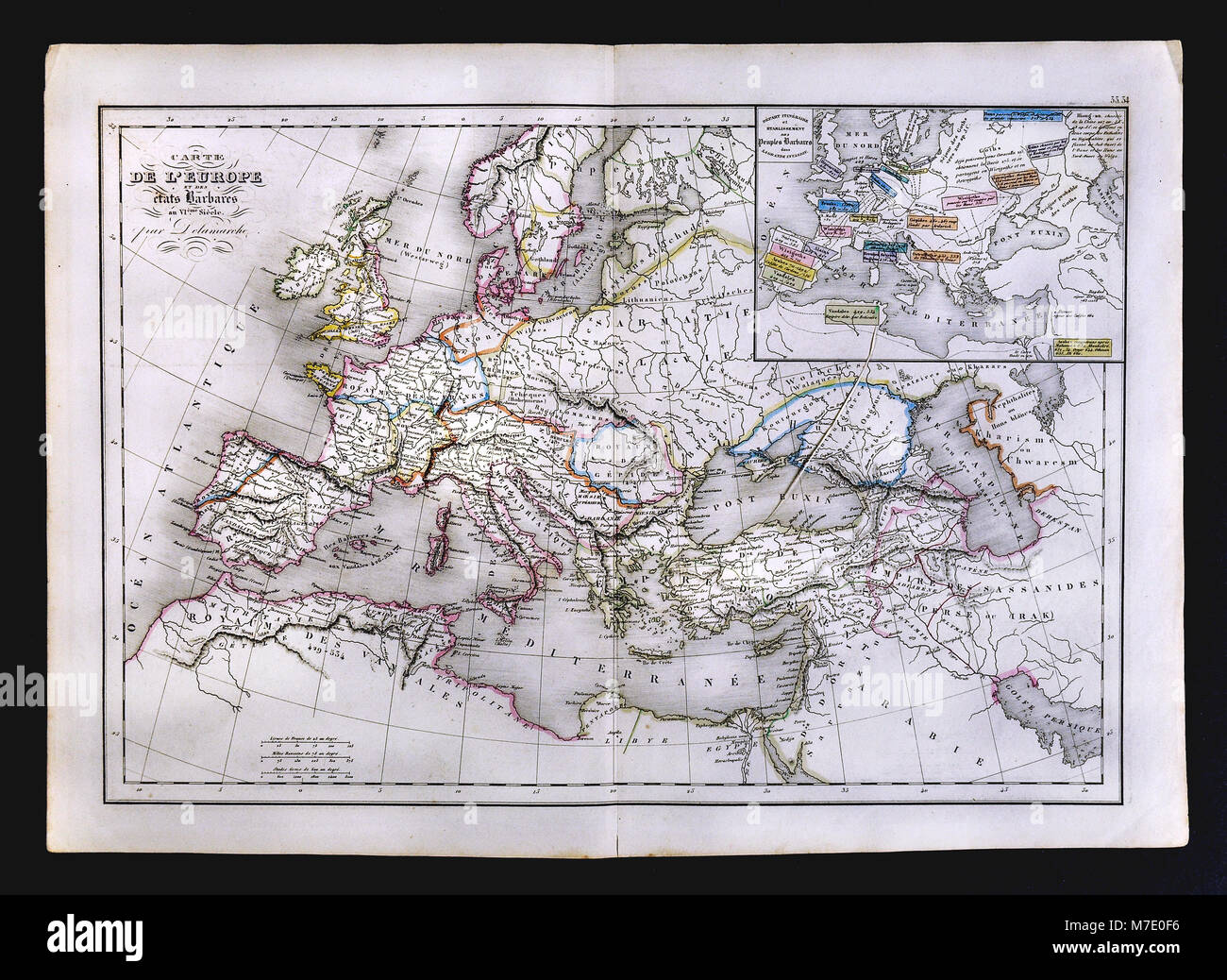 1858 Delamarche mappa storica di Europa che mostra il barbaro membri nel VI secolo Foto Stock