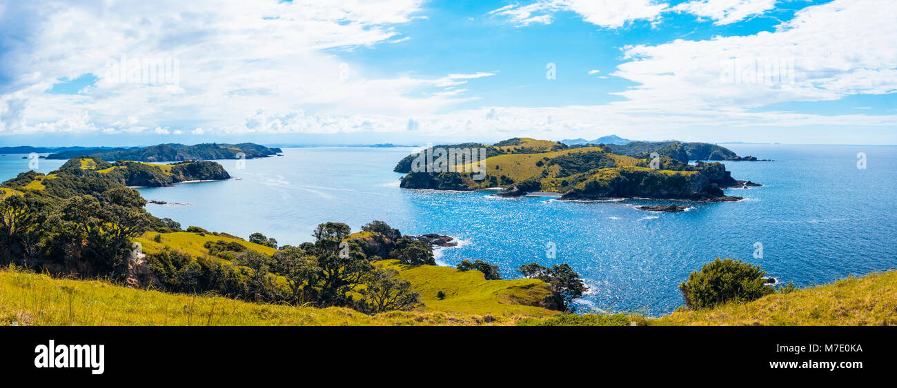 Panorama guardando verso nord-ovest da Urupukapuka Island nella Baia delle Isole, Isola del nord, Nuova Zelanda Foto Stock