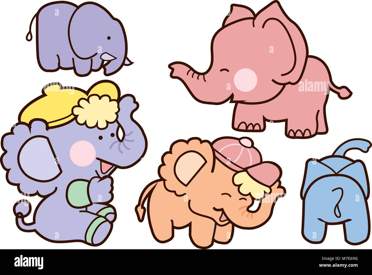 Famiglia elefante cartoon character design. Graziosi animali illustrazione su bianco isolare. Illustrazione Vettoriale