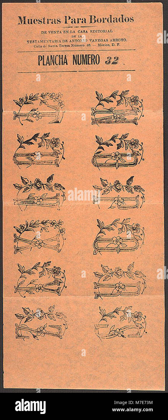 Campioni di ricamo esposti su un foglio di ferro numerato, che mostrano un complesso lavoro di progettazione del tessuto. Questa voce è contrassegnata dal numero 32. Foto Stock