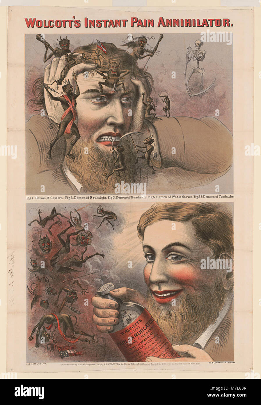 Una litografia d'epoca pubblicitaria per Instant Pain Annihilator di Wolcott, prodotta da Endicott & Co., che presenta un prodotto medico del XIX secolo. Foto Stock