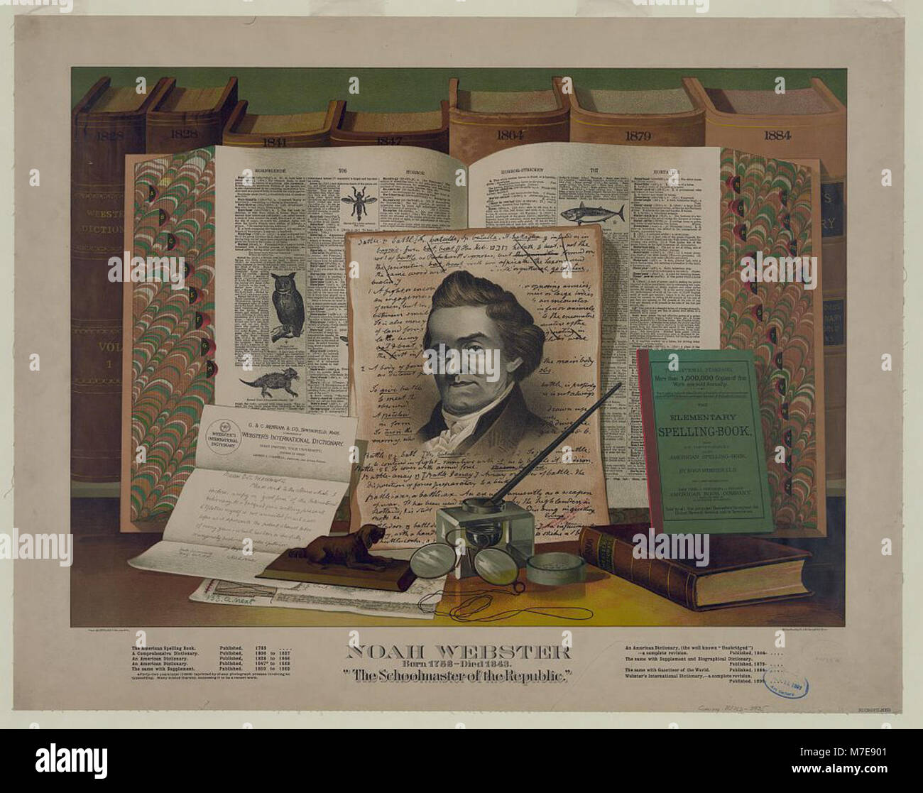 Noah Webster, nato nel 1758, è stato un lessicografo americano, grammatico e riformatore linguistico. È noto soprattutto per il suo dizionario, che ha influenzato notevolmente l'inglese americano. Il lavoro di Webster come "maestro di scuola della repubblica" ha plasmato il sistema linguistico e educativo negli Stati Uniti. Foto Stock