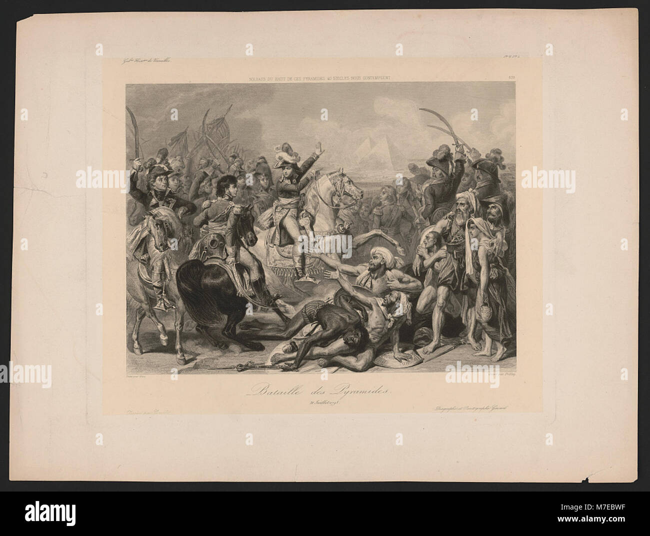 La battaglia delle Piramidi, combattuta il 21 luglio 1798, raffigurata in un dipinto di Gros e incisa da Frilley. Questa scena storica illustra un momento chiave durante la campagna egiziana di Napoleone. Foto Stock