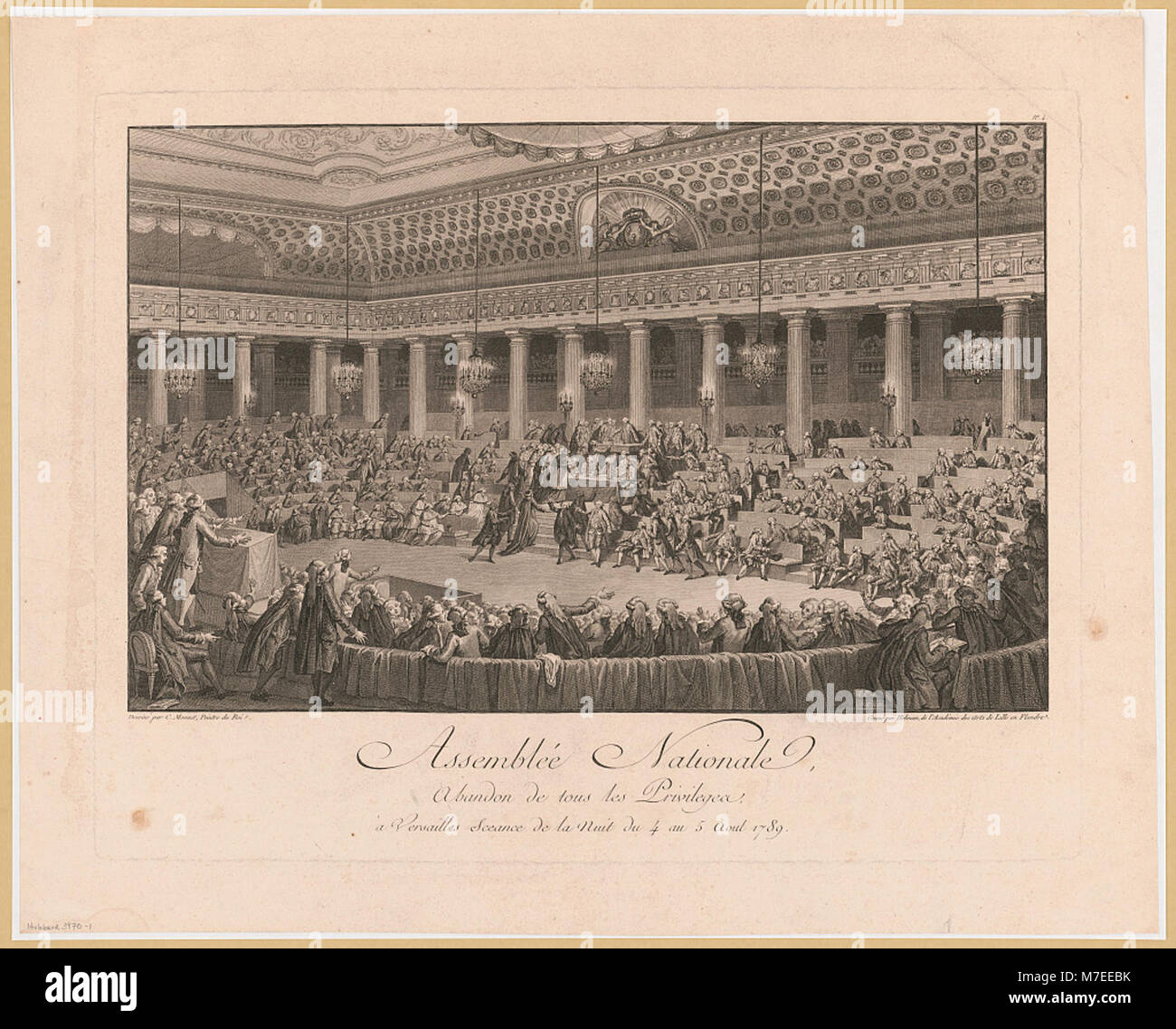 Disegno della sessione notturna dell'Assemblea Nazionale a Versailles il 4-5 agosto 1789, raffigurante l'abolizione dei privilegi. Creato da C. Monnet e inciso da Helman, illustra un momento chiave della rivoluzione francese. Foto Stock