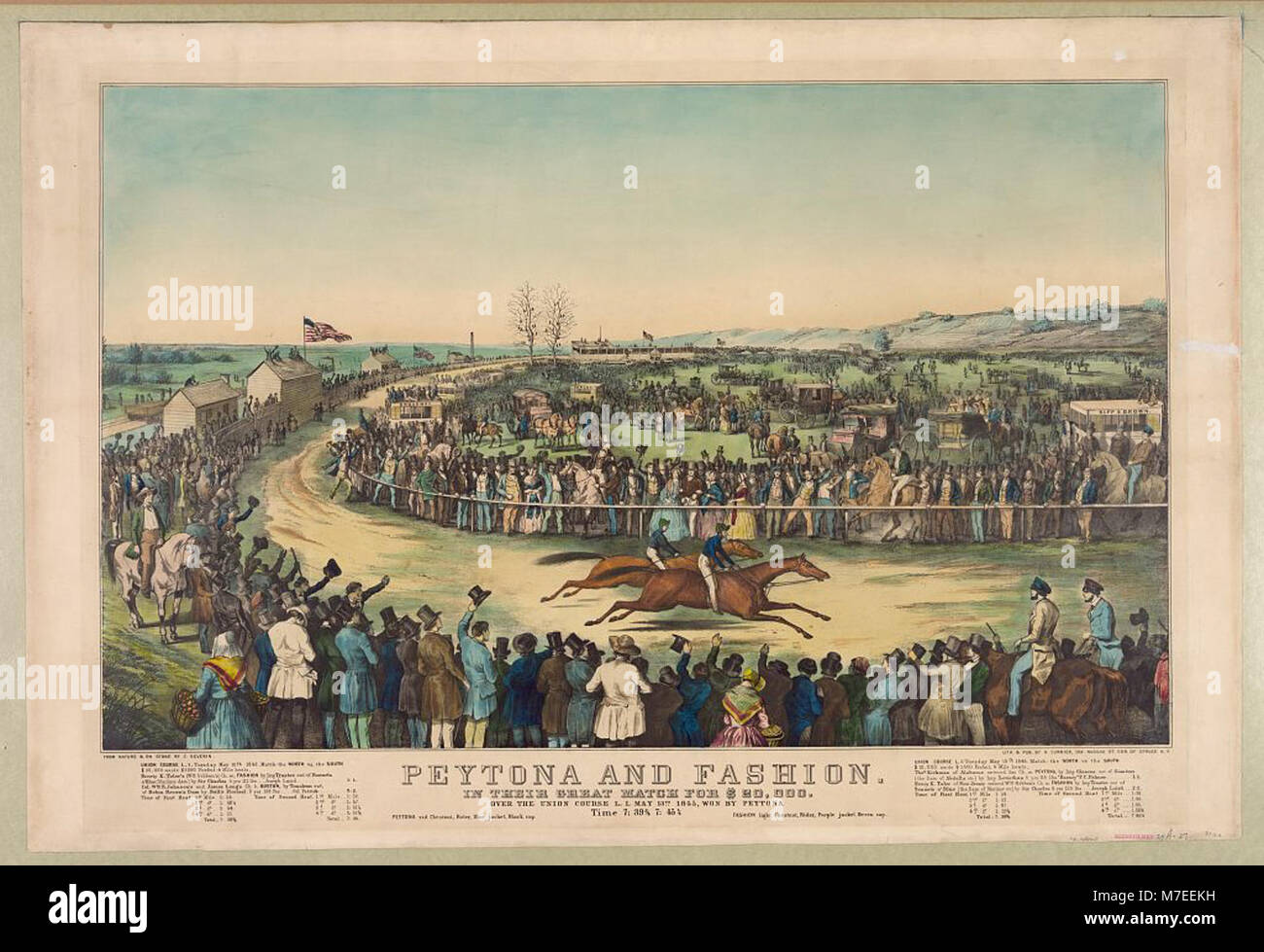 Un'immagine storica che cattura la famosa corsa di cavalli tra Peytona e la Moda al Union Course di Long Island, il 13 maggio 1845. Peytona ha vinto il match, guadagnando 20.000 dollari in montepremi. Foto Stock