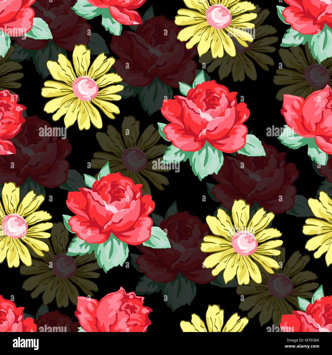Fiore del disegno a mano modello senza giunture, vettore sfondo floreale, ricami floreali ornamento. Prelevate le gemme red rose e fiori camomiles giallo su sfondo nero. Per disegno di tessuto, sfondi, decorazione Illustrazione Vettoriale
