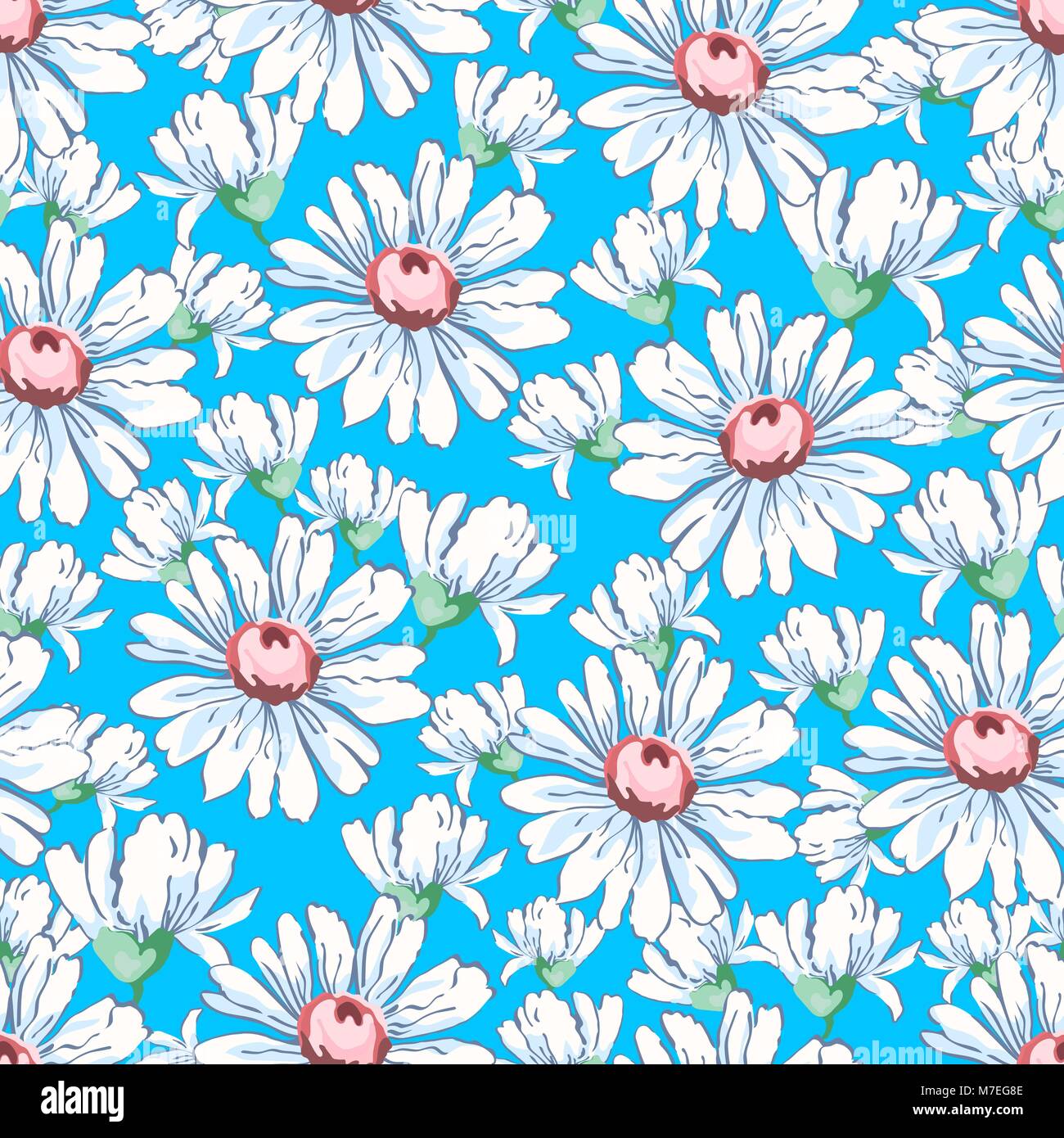 La Camomilla fiori disegno a mano seamless pattern, vettore sfondo floreale, ricami floreali ornamento. Prelevate le gemme di colore bianco dei fiori di camomilla su un blu brillante sullo sfondo. Per disegno di tessuto, sfondi Illustrazione Vettoriale