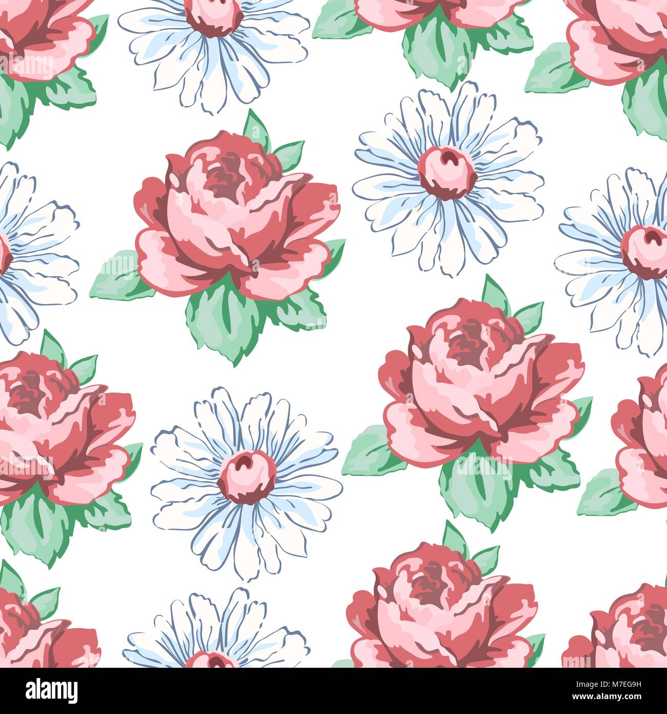 Rose e fiori di camomilla del disegno a mano modello senza giunture, vettore sfondo floreale, ricami floreali ornamento. Prelevate le gemme rosa rosa e fiori di camomilla bianco su sfondo bianco. Per disegno di tessuto Illustrazione Vettoriale