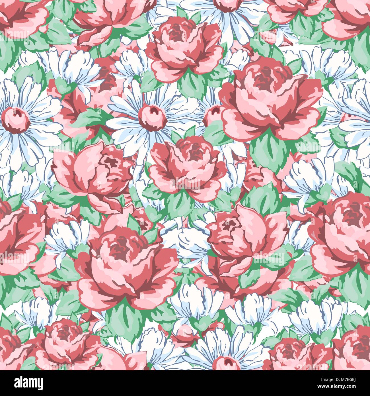 Rose e fiori di camomilla del disegno a mano modello senza giunture, vettore sfondo floreale, ricami floreali ornamento, solido texture floreali. Disegnate boccioli di rosa fiori di rose bianche e camomilla. Per disegno di tessuto Illustrazione Vettoriale