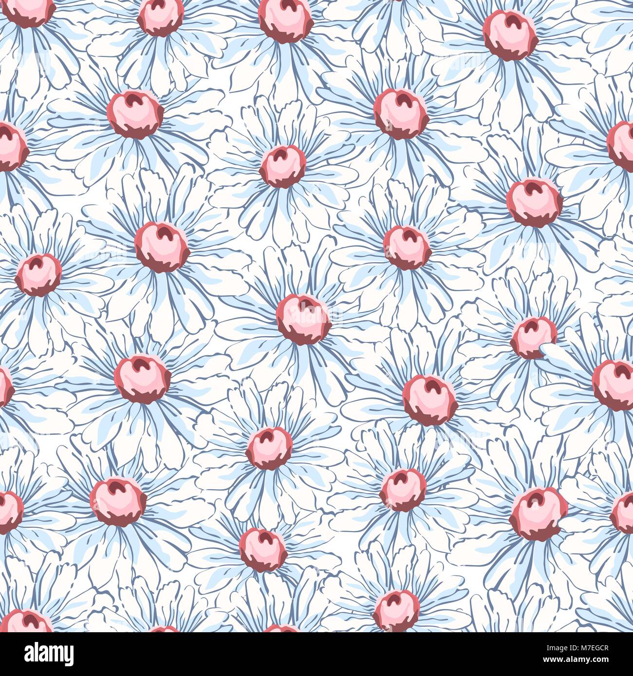 La Camomilla fiori disegno a mano seamless pattern, vettore sfondo floreale, ricami floreali ornamento. Prelevate le gemme cartoon camomilla bianco su sfondo bianco. Per disegno di tessuto, sfondi, decorazione Illustrazione Vettoriale