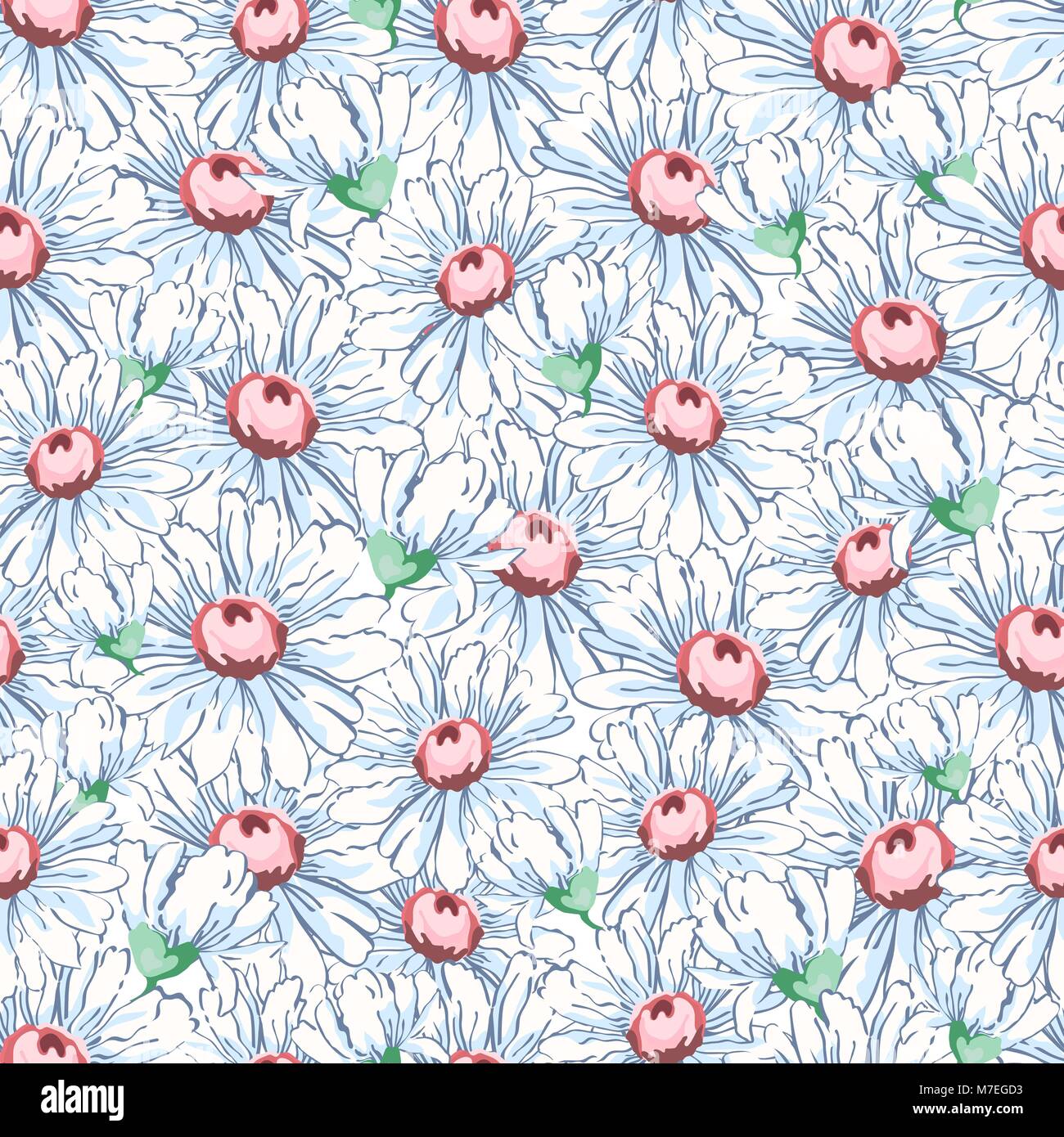 La Camomilla fiori disegno a mano seamless pattern, vettore sfondo floreale, ricami floreali ornamento. Prelevate le gemme cartoon camomilla bianco su sfondo bianco. Per disegno di tessuto, sfondi, decorazione Illustrazione Vettoriale