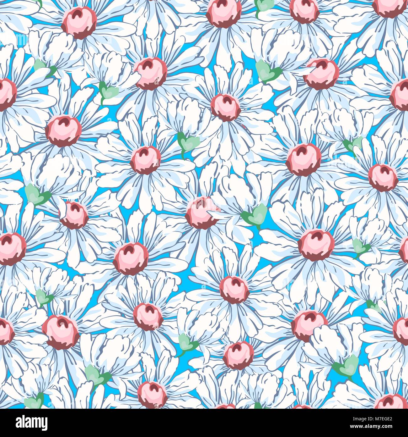 La Camomilla fiori disegno a mano seamless pattern, vettore sfondo floreale, ricami floreali ornamento. Prelevate le gemme cartoon camomilla bianco su blu luminoso sullo sfondo. Per disegno di tessuto, sfondi Illustrazione Vettoriale