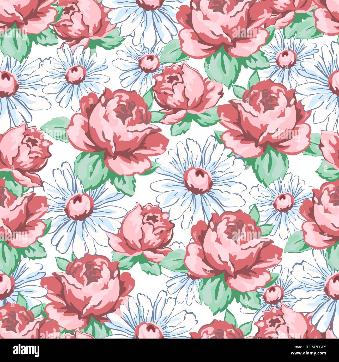 Rose e fiori di camomilla del disegno a mano modello senza giunture, vettore sfondo floreale, ricami floreali ornamento. Prelevate le gemme rosa rosa e fiori di camomilla bianco su sfondo bianco. Per disegno di tessuto Illustrazione Vettoriale