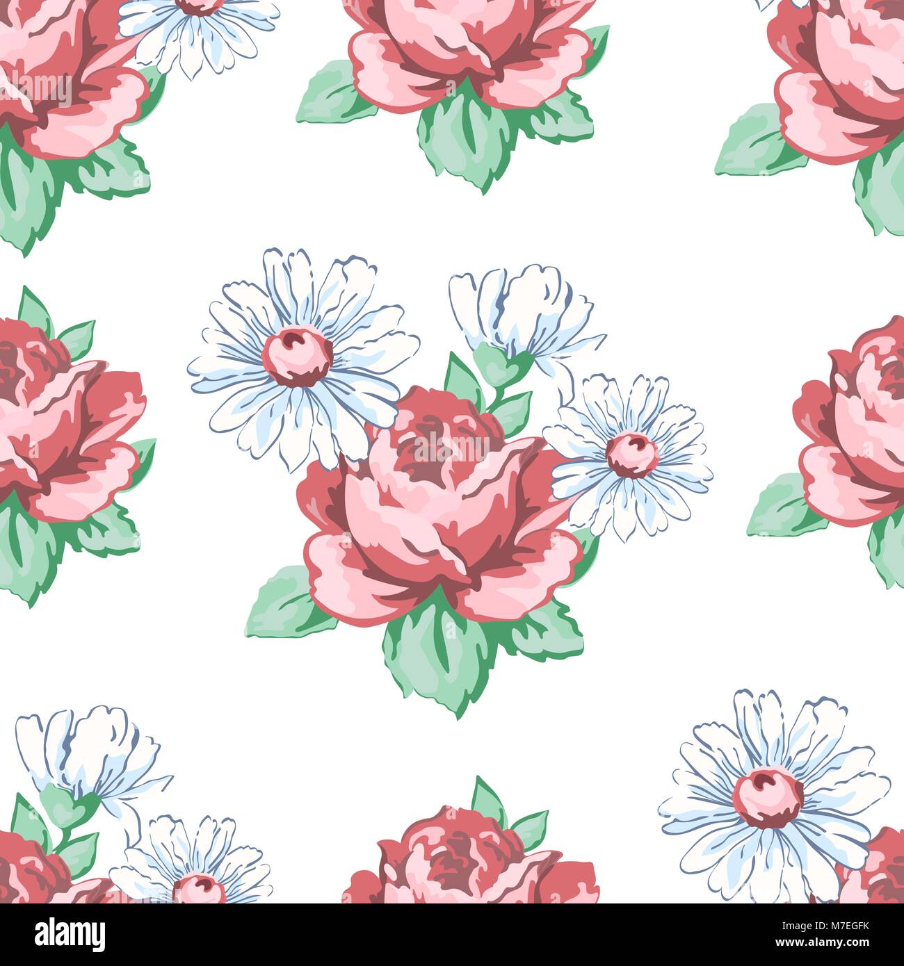 Rose e fiori di camomilla del disegno a mano modello senza giunture, vettore sfondo floreale, ricami floreali ornamento. Prelevate le gemme rosa rosa e fiori di camomilla bianco su sfondo bianco. Per disegno di tessuto Illustrazione Vettoriale