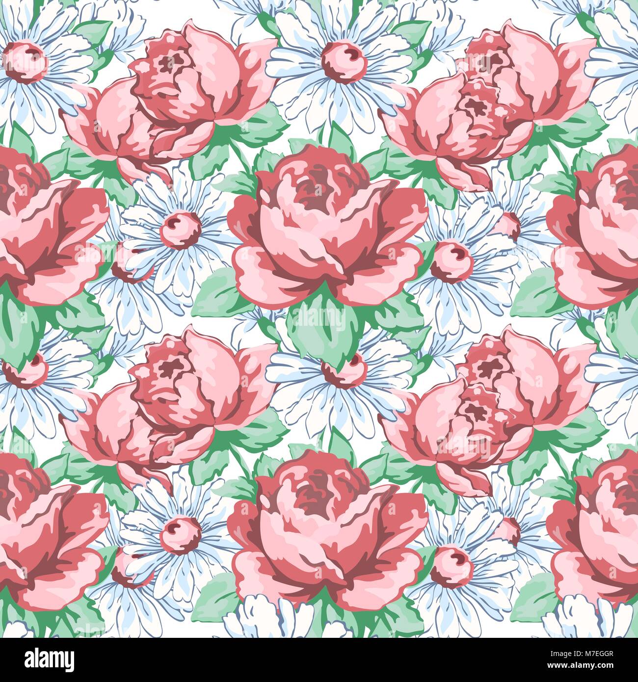 Rose e fiori di camomilla del disegno a mano modello senza giunture, vettore sfondo floreale, ricami floreali ornamento. Prelevate le gemme rosa rosa e fiori di camomilla bianco su sfondo bianco. Per disegno di tessuto Illustrazione Vettoriale