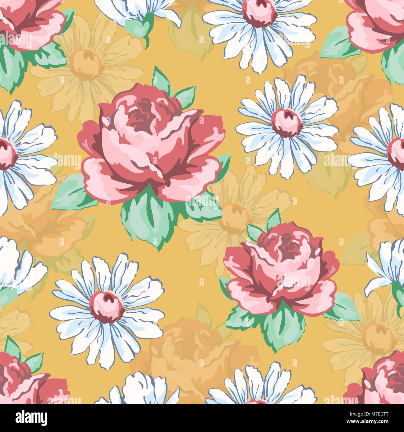 Rose e fiori di camomilla del disegno a mano modello senza giunture, vettore sfondo floreale, ricami floreali ornamento. Prelevate le gemme rosa rosa e fiori di camomilla bianco su sfondo giallo. Per disegno di tessuto Illustrazione Vettoriale