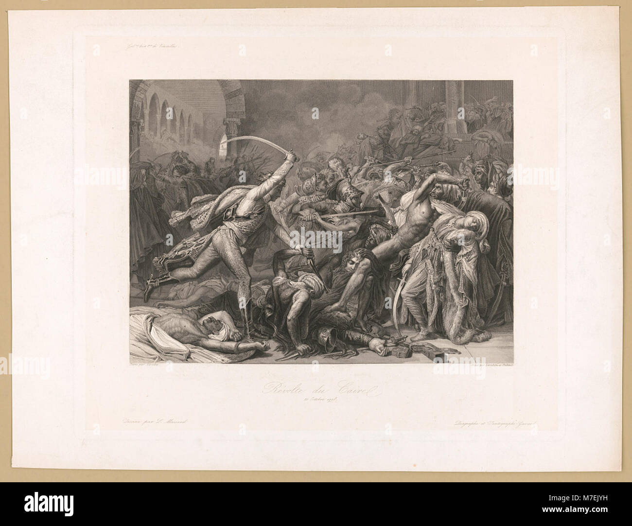 La scena raffigura una scena di strada al Cairo, forse un evento storico o culturale. Mette in mostra la vivace vita e l'architettura della città, evidenziando la sua vibrante atmosfera. Foto Stock