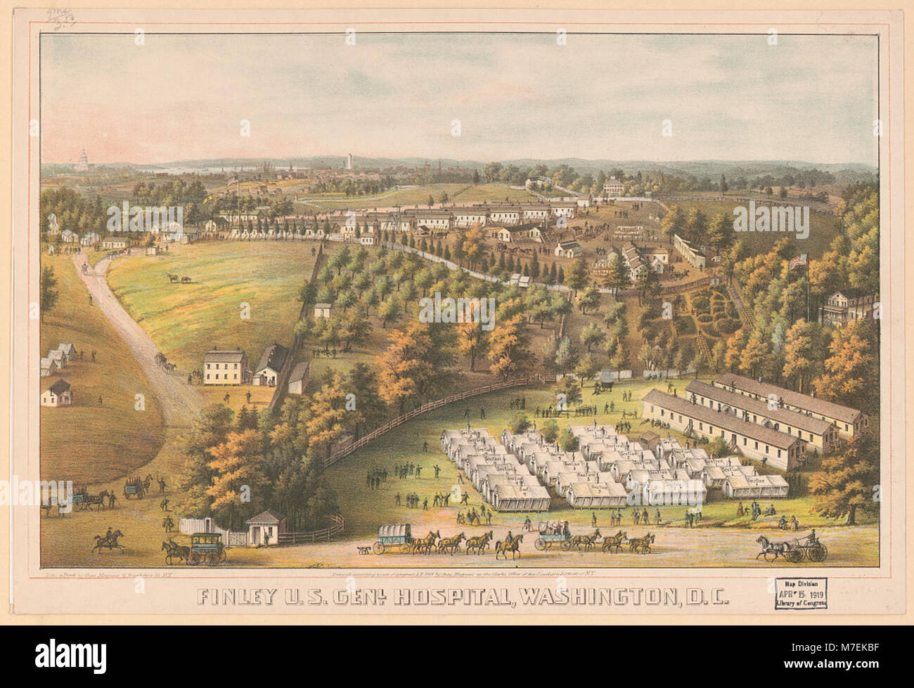 Questa litografia è stata stampata da Cas. Magnus raffigura il Finley U.S. General Hospital a Washington, D.C., un'importante struttura medica militare. Foto Stock