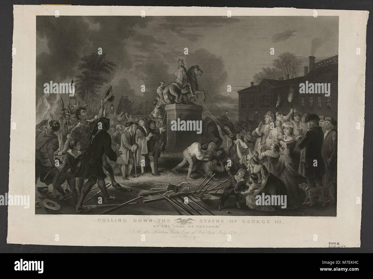 Tirare verso il basso la statua di George III dal 'Sons di libertà , a Bowling Green, la città di New York, Luglio 1776 - dipinto da Johannes A. Oertel ; incisi da John C. McRae. LCCN99471678 Foto Stock