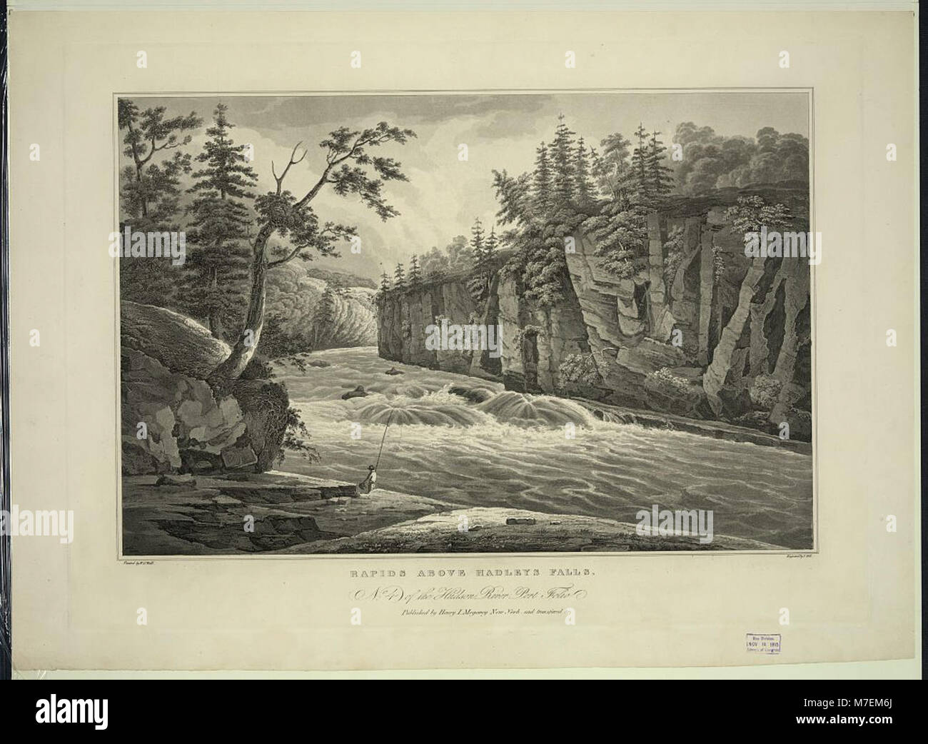 Una rappresentazione delle rapide sopra le cascate di Hadleys, dipinta dal muro di W.G. e incisa da I. Hill, che mostra la potenza dell'acqua che scorre. Foto Stock