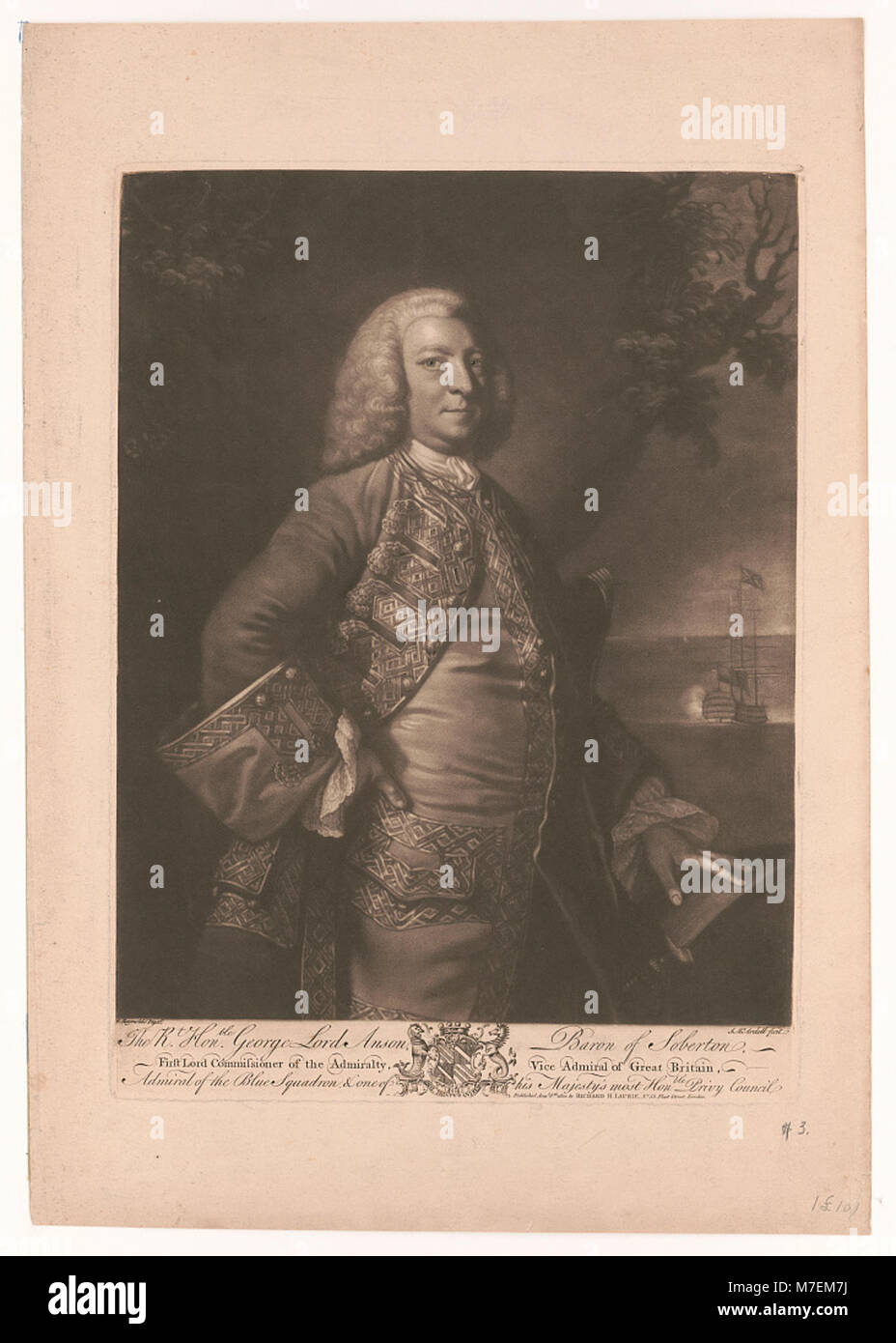 Ritratto di George Lord Anson, barone di Soberton, creato dall'artista J. Reynolds, che mostra il suo abbigliamento formale e lo status nobile. L'immagine riflette l'aristocrazia britannica del XVIII secolo e l'arte ritrattistica. Foto Stock