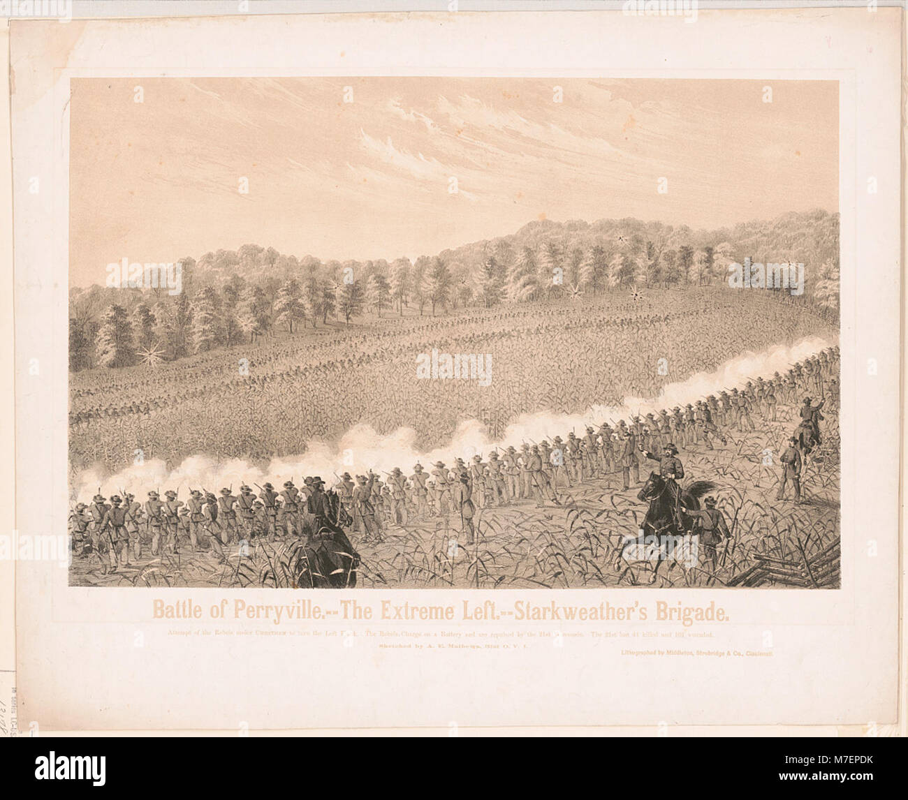 Questa immagine mostra la brigata di Starkweather all'estrema sinistra della battaglia di Perryville, uno scontro chiave nella guerra civile americana. Cattura il posizionamento e il movimento delle forze dell'Unione durante la battaglia del 1862. Foto Stock
