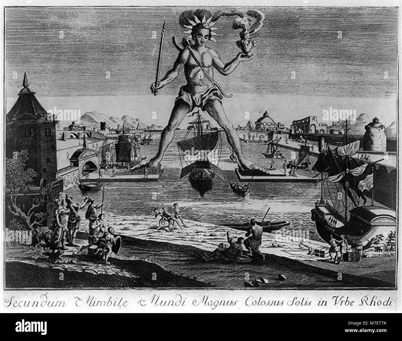 Una stampa o un'illustrazione storica che rappresenta il grande colosso solare della città di Rodi, evidenziando l'antica meraviglia, il Colossus di Rodi, come una delle sette meraviglie del mondo antico. Foto Stock