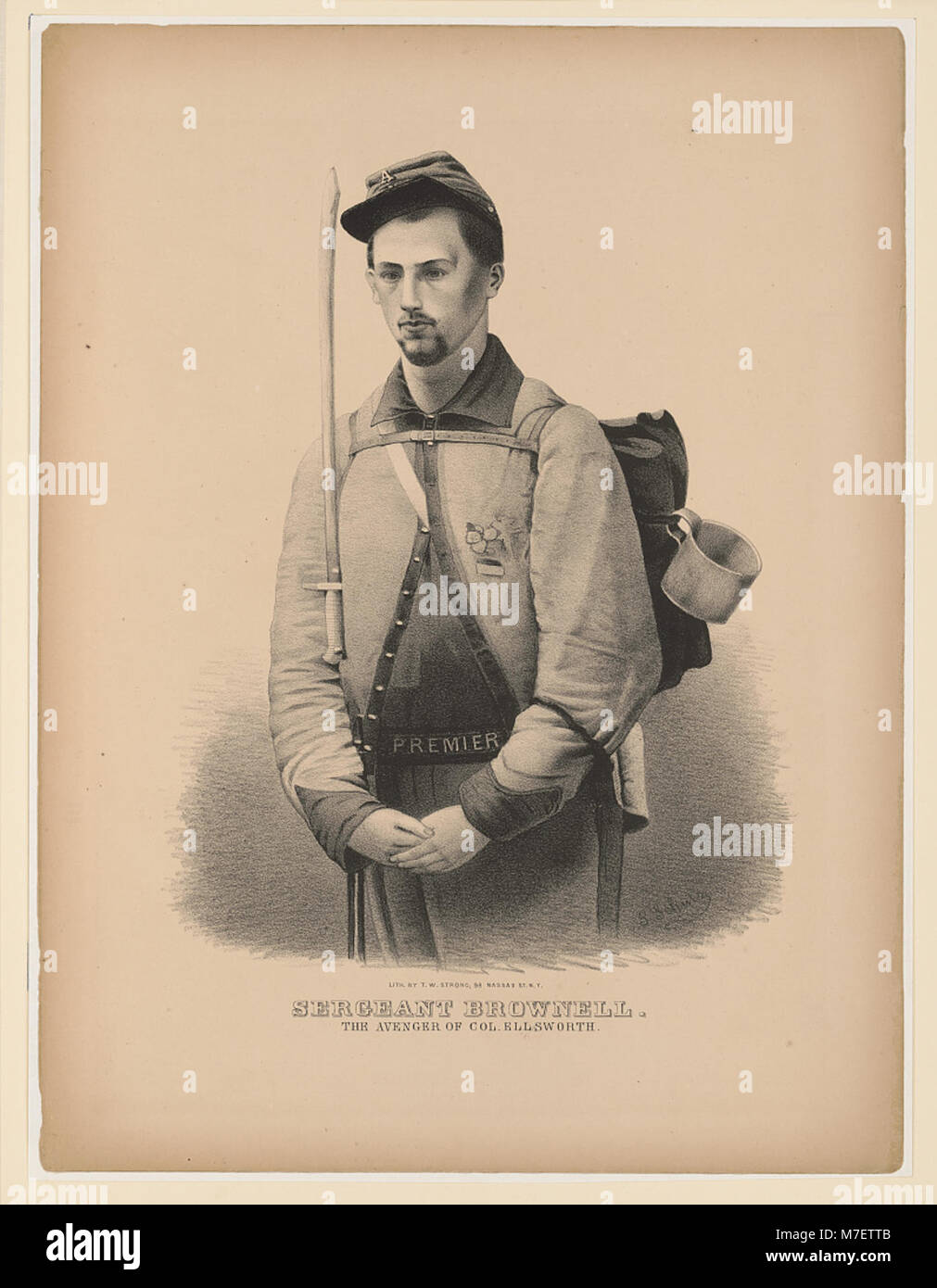 Questa litografia raffigura il sergente Brownell, famoso per vendicare la morte del colonnello Ellsworth, creato da J. Schulz e litografato da T.W. strong. L'immagine evidenzia un momento chiave nella storia della guerra civile americana, commemorando l'eroismo di Brownell e il sacrificio del colonnello Ellsworth. Foto Stock