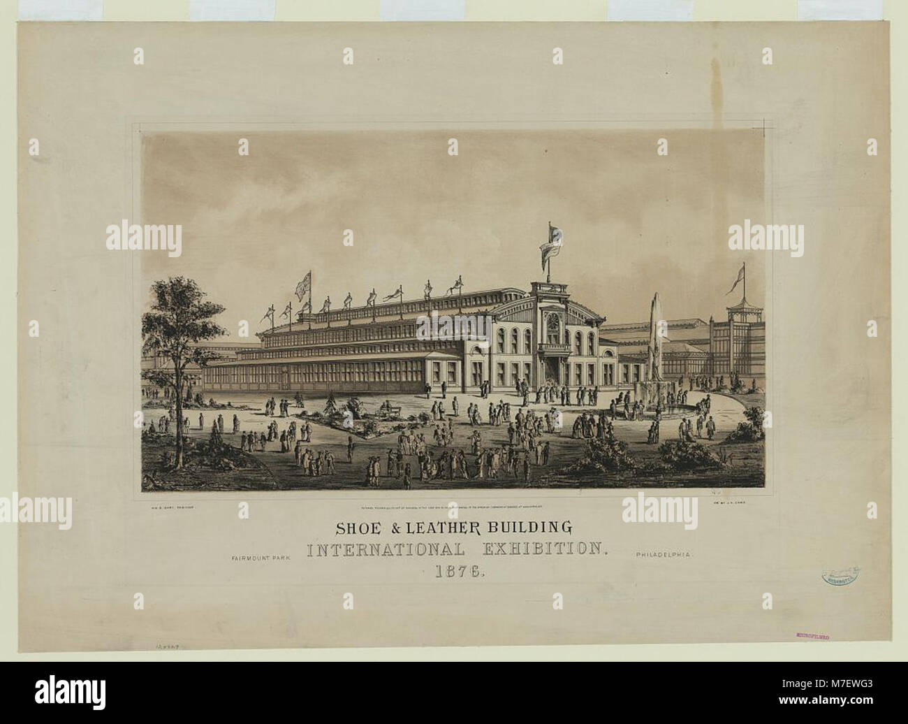 Una vista storica del Shoe & Leather Building all'International Exhibition di Fairmont Park, Philadelphia, 1876, che mostra lo stile architettonico e il significato storico dell'evento. Foto Stock