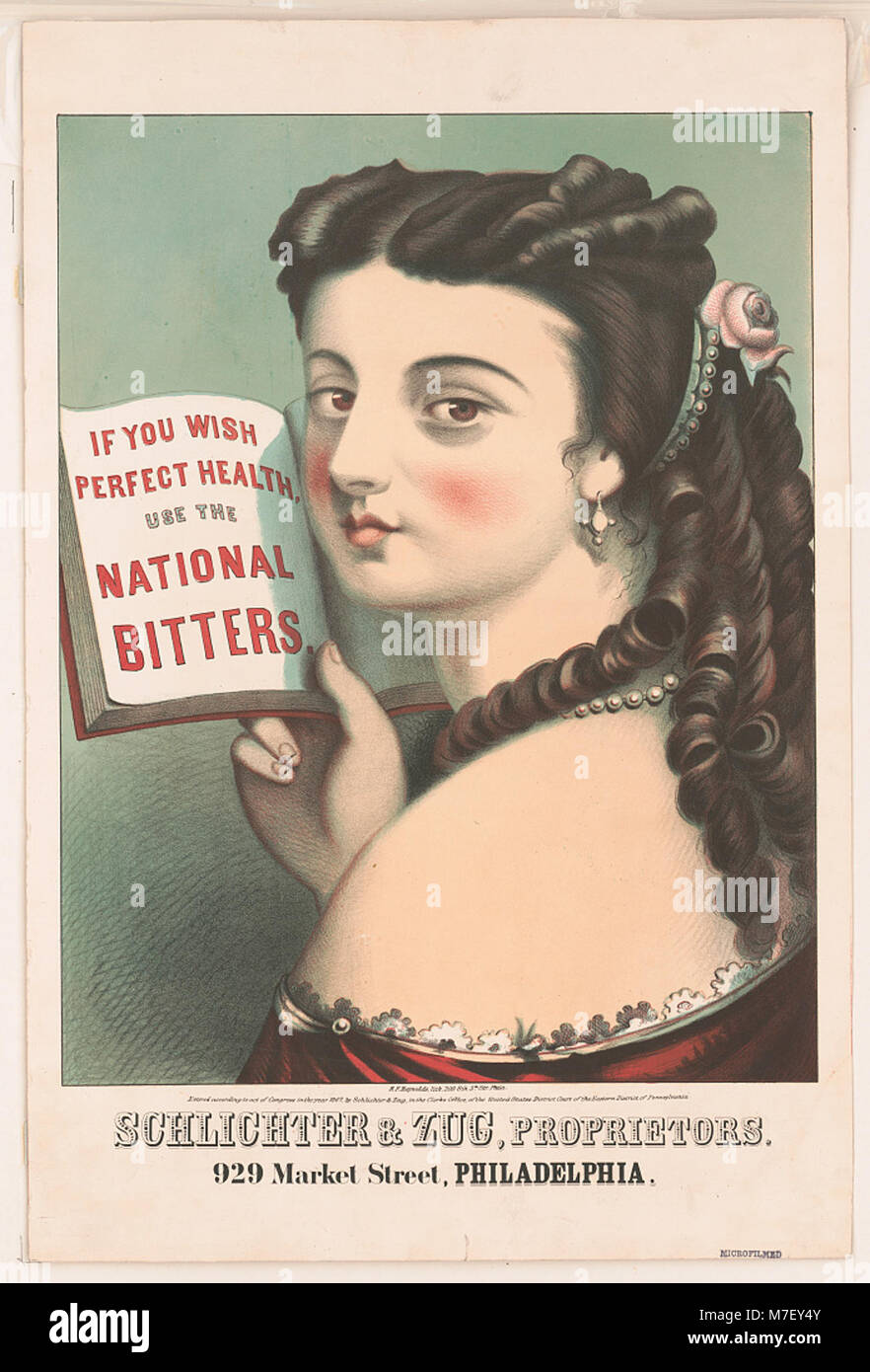 Un annuncio della fine del XIX o dell'inizio del XX secolo che promuove National Bitters, un prodotto per la salute. Lo slogan enfatizza i potenziali benefici del prodotto per mantenere una salute perfetta durante quell'epoca. Foto Stock
