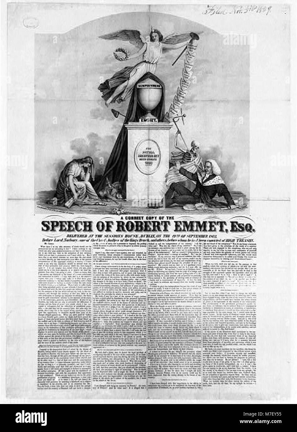 Un documento storico del discorso di Robert Emmet, consegnato prima del suo processo. Emmet era un nazionalista irlandese che parlava notoriamente della libertà e dell'indipendenza irlandese durante il dominio britannico. Foto Stock