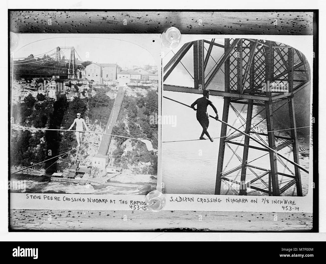 Fotografia di Steve Peere e S. J. Dixon che si esibiscono in funivia attraverso le rapide del Niagara, dimostrando le audaci imprese degli escursionisti di corda dei primi anni del XX secolo. Foto Stock
