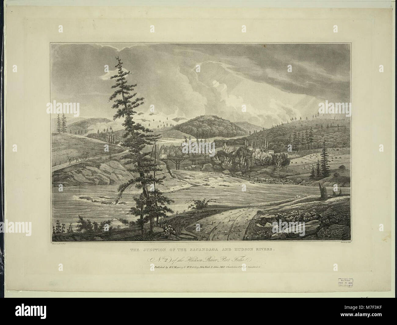 Un dipinto dell'incrocio tra i fiumi Sacandaga e Hudson, raffigurante la bellezza naturale della regione e creato da W.G. Wall e I. Hill. Foto Stock