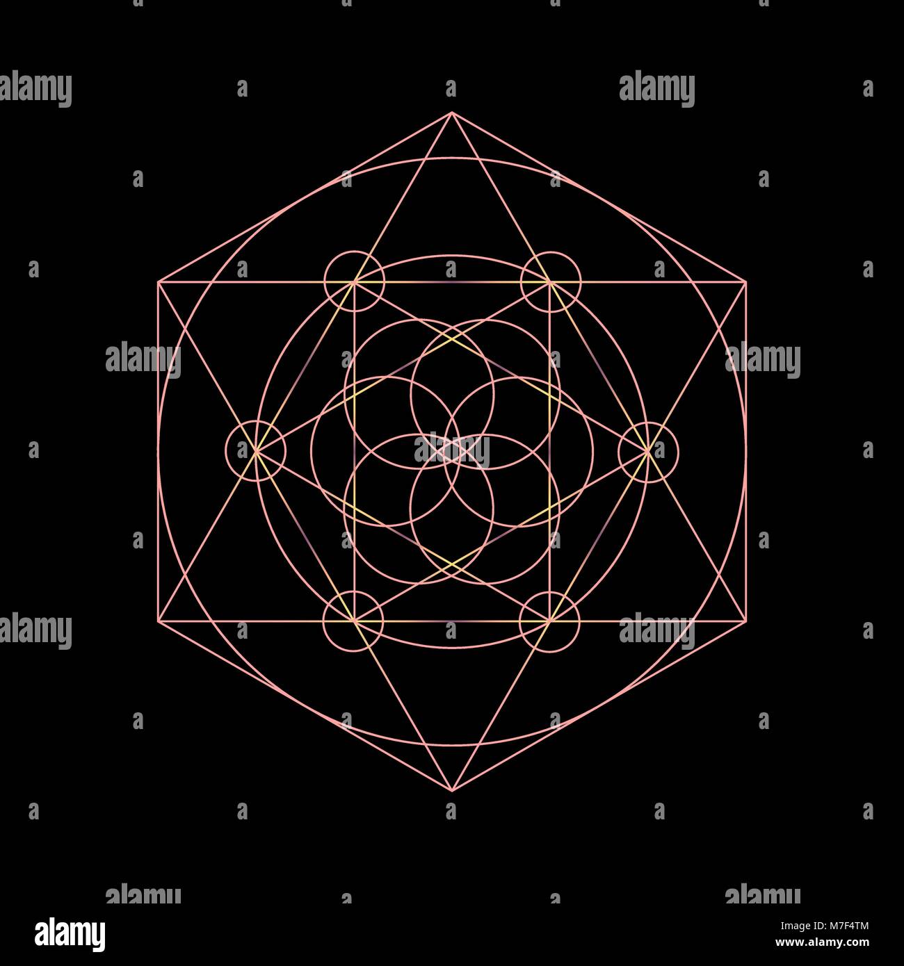 Vettore di geometria sacra simboli con il triangolo, esagono, cerchio e decoro floreale. Neon geometria mistico simbolo. Illustrazione Vettoriale