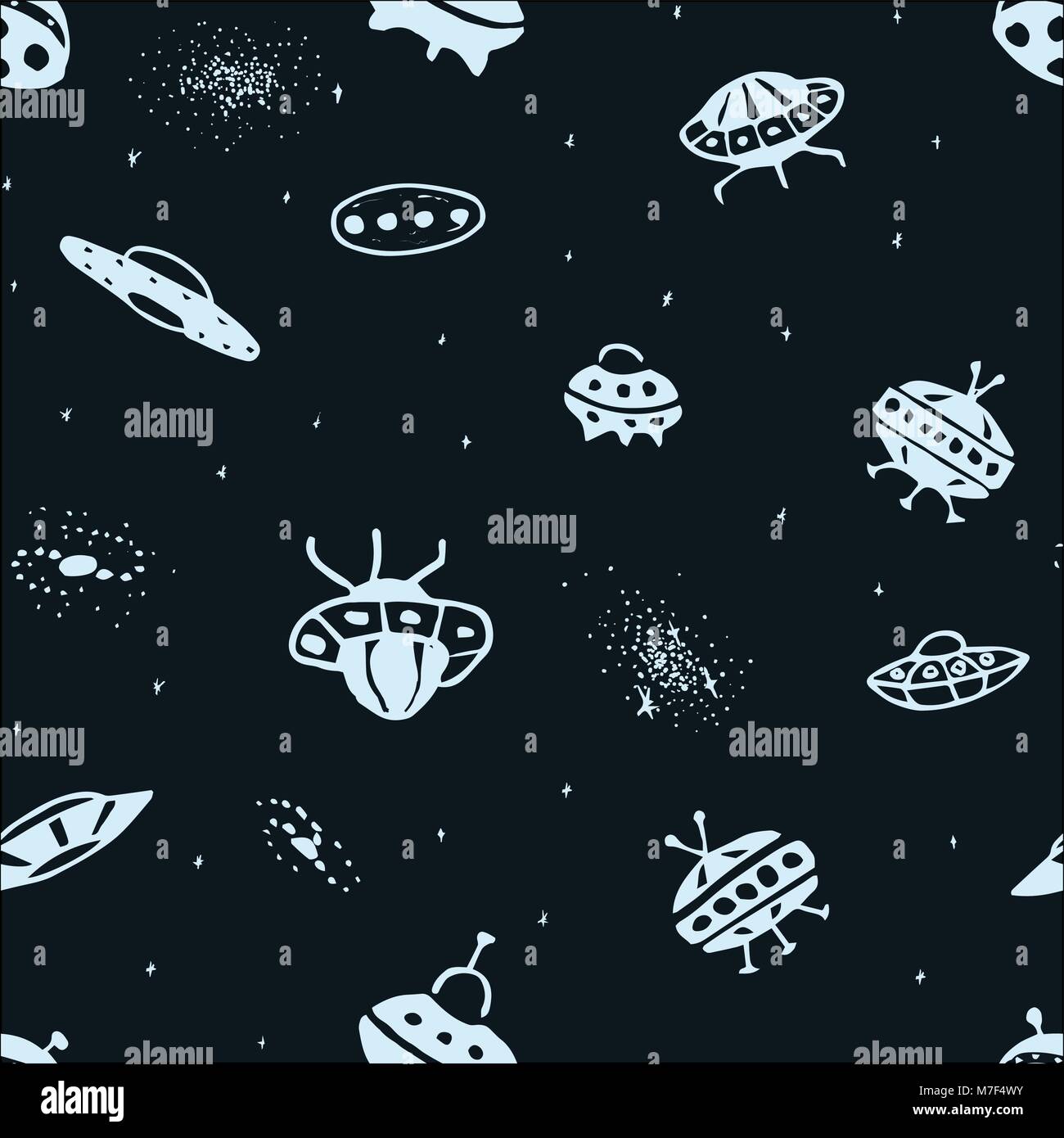 Vettore sfondo senza giunture da disegnati a mano UFO. Doodle UFO Flying Saucer e Galaxy. Universo pattern Illustrazione Vettoriale