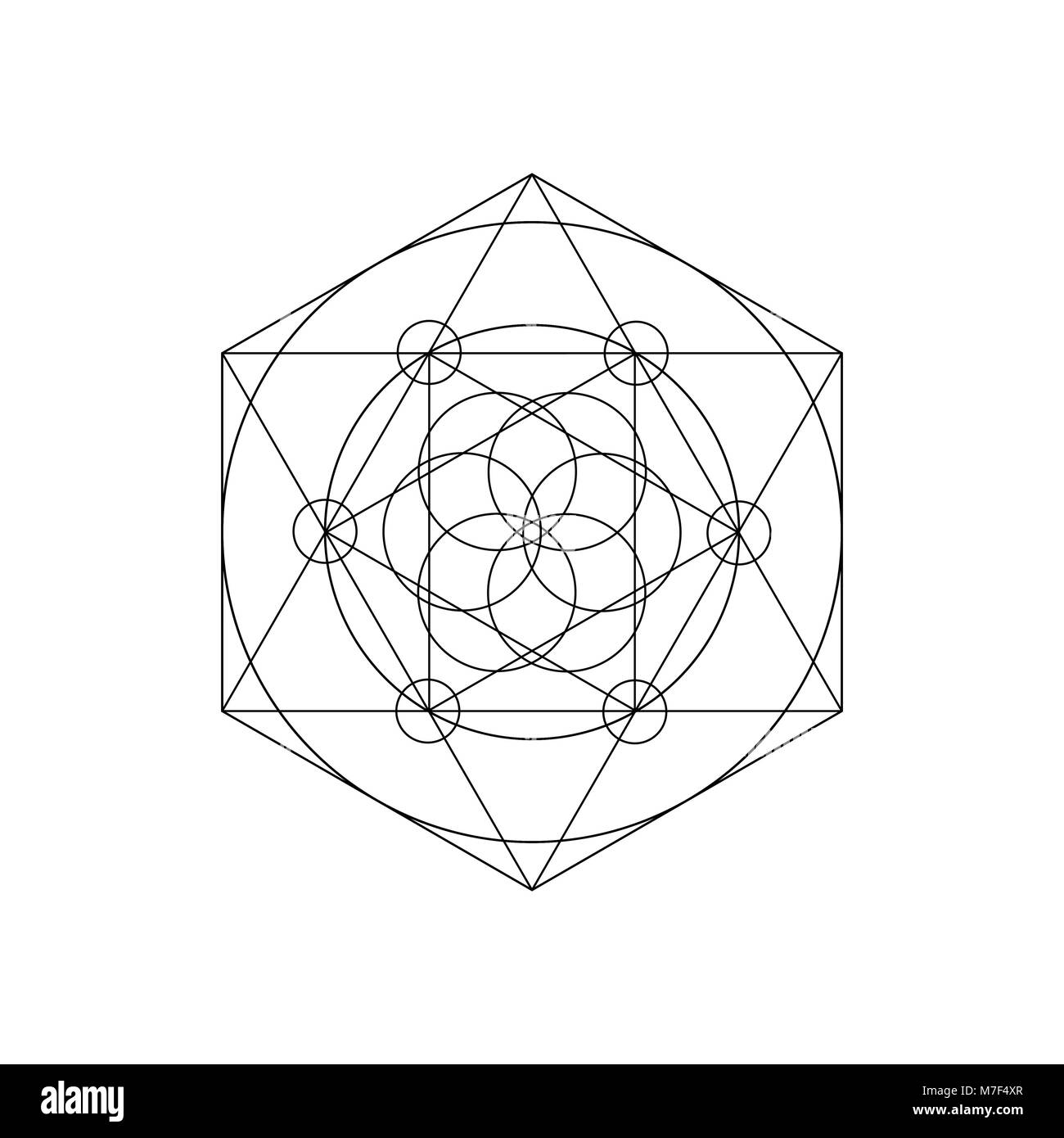 Vettore di geometria sacra simboli con il triangolo, esagono, cerchio e decoro floreale. Mistico simbolo di geometria Illustrazione Vettoriale