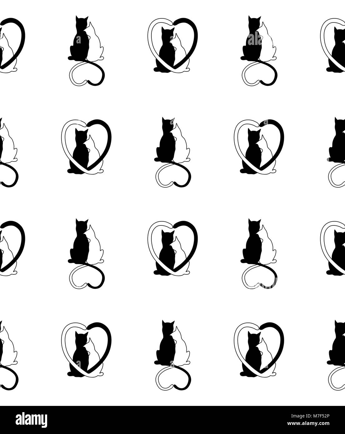 Vector pattern senza soluzione di continuità dalla silhouette di un gatto giovane in amore con forma cuore code. Bianco e nero gatto giovane su sfondo bianco Illustrazione Vettoriale