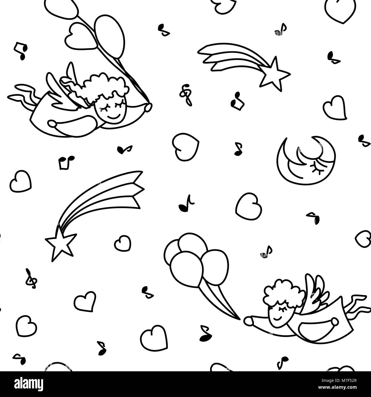 Vector pattern senza giunture di cartoon angeli in volo, cuori, palloncini, nota, stella e luna Illustrazione Vettoriale