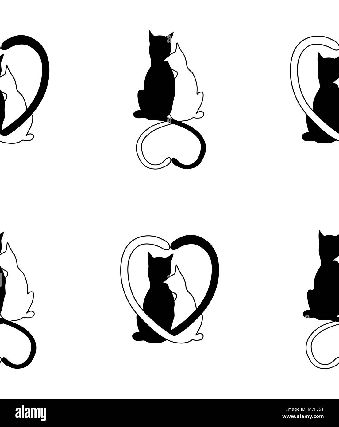 Vector pattern senza soluzione di continuità dalla silhouette di un gatto giovane in amore con forma cuore code. Bianco e nero gatto giovane su sfondo bianco Illustrazione Vettoriale